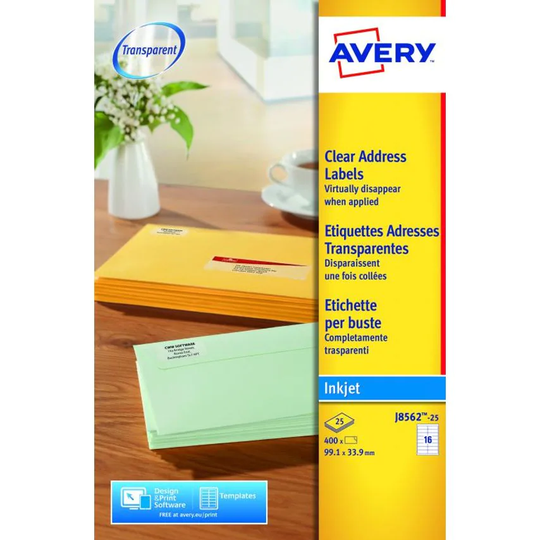 Avery Inkjet Address Label 99x34mm 16 Per A4 Sheet Clear (Pack 400 Labels) J8562