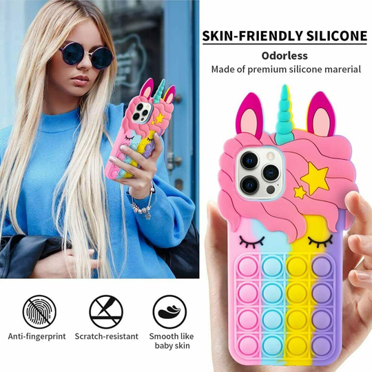 (Rainbow, for iPhone 11) Unicorn Pop Fidget Push Bubble Toy Case for iPhone
