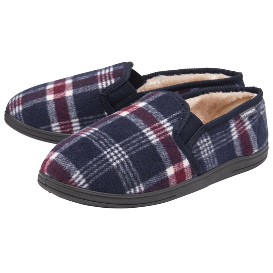 (10, Navy Check) DUNLOP - Mens Memory Foam Plush Fleece Lined Moccasin Slippers
