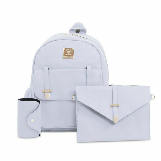 (Blue/White) 3pcs Women PU Leather Backpack Set