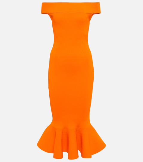 Off-shoulder ribbed-knit midi dress