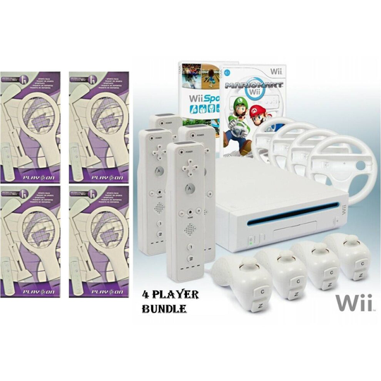 4 Player Mega Bundle Nintendo Wii Console Mario Kart Wii Sports Tennis Golf 4 Remotes 4 Nunchuks 4 Wheels