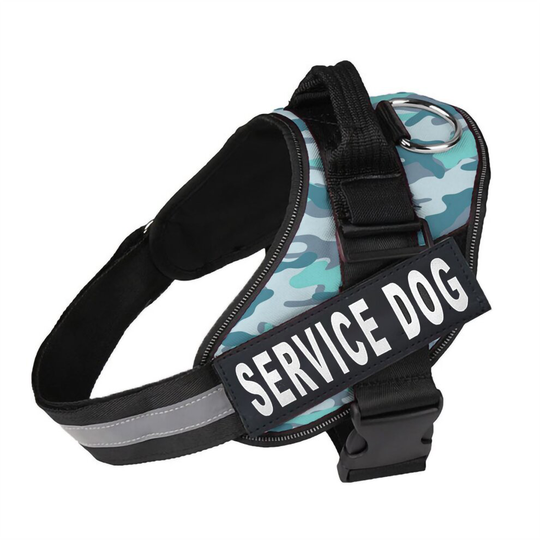 (Camouflage Blue, M) JS One Adjustable Service Dog Vest D-Ring Harness with Reflective Outdoor Pet Vest, Safety Handle Bands Comfortable Dog Walking L