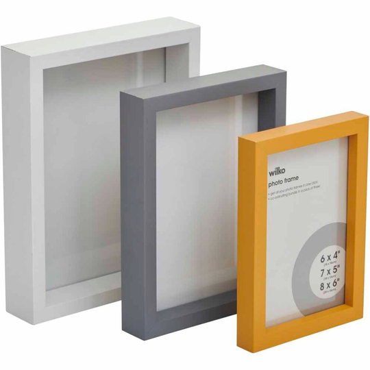 wilko Ochre Multi Pack Photo Frames (Yellow, Grey & White, Pack Of 3), MDF Wood Picture Frames with Sizes : 6x4 inch, 7x5 inch and 8x6 inch