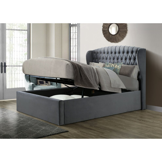 (Double, Memory Foam Mattress) Winchester Grey Velvet Fabric Ottoman Bed and Mattress