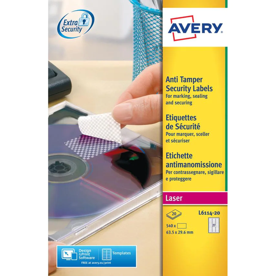 Avery Avery Laser NoPeel Anti-Tamper Permanent Label 63x30mm 27 Per A4 Sheet Whi