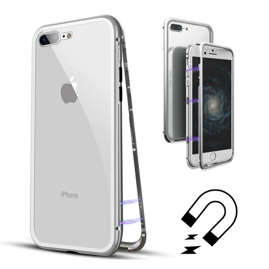 (Apple iPhone 8, Silver) Magnetic Adsorption Case Metal Tempered Glass Back Magnet Absorption Protective Cover Transparent Bumper Clear + For Apple iP