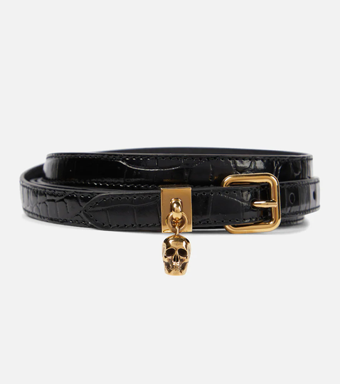 Embellished croc-effect leather belt