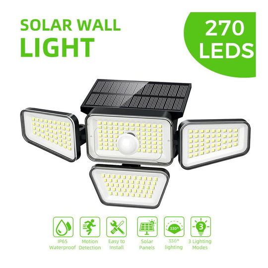 4 Head Solar PIR Motion Sensor Light Outdoor Wall Security Flood Lamp