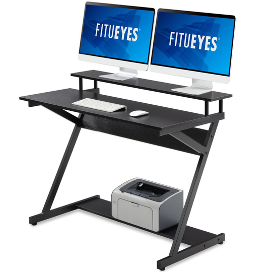 (Black, 100x60x84cm) FITUEYES Computer Desk with Monitor Riser Z-Shaped