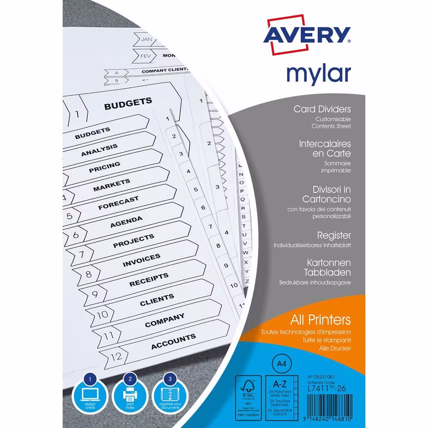Avery Avery Mylar Divider A-Z A4 Punched 150gsm White Card with White Mylar Tabs
