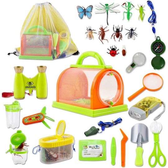 deAO 27pcs Outdoor Explorer Play Kit - Adventure STEM Backpack, Compass, Binocular & Camping Bug Catcher - Fun for Kids