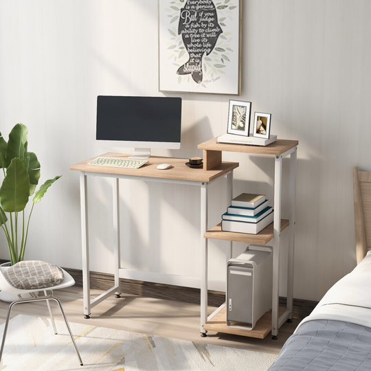 (Cream) Computer Desk With 3 Tier Storage Shelves Desk Table with Bookshelf Laptop Table With Steel Frame for Small Spaces Home Office Workstation