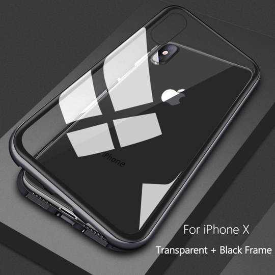 (Apple iPhone X, Transparent Black) Magnetic Adsorption Case Metal Tempered Glass Back Magnet Absorption Protective Cover Transparent Bumper Clear + F