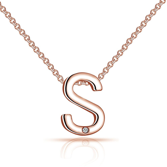 Rose Gold Plated Initial Necklace Letter S Created with Swarovski Crystals