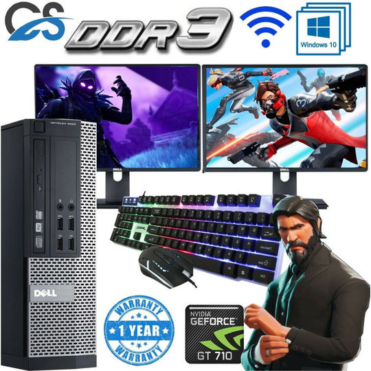 GAMING DELL BUNDLE PC Computer FULL SET DUAL MONITOR INTEL i7 16GB 2GB GT710 HDMI Optiplex