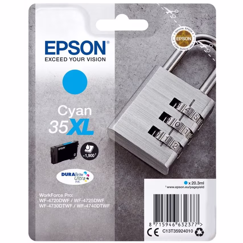 Epson Epson 35XL Padlock Cyan High Yield Ink Cartridge 20ml - C13T35924010