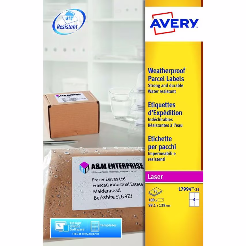 Avery Laser Weatherproof Parcel Label 99x139mm 4 Per A4 Sheet White (Pack 100 La