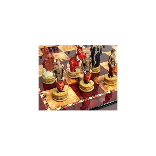 Medieval Times King Arthur / Sir Lancelot Camelot Knights Chess Set W/ 18" High Gloss Cherry & Burlwood Color Board
