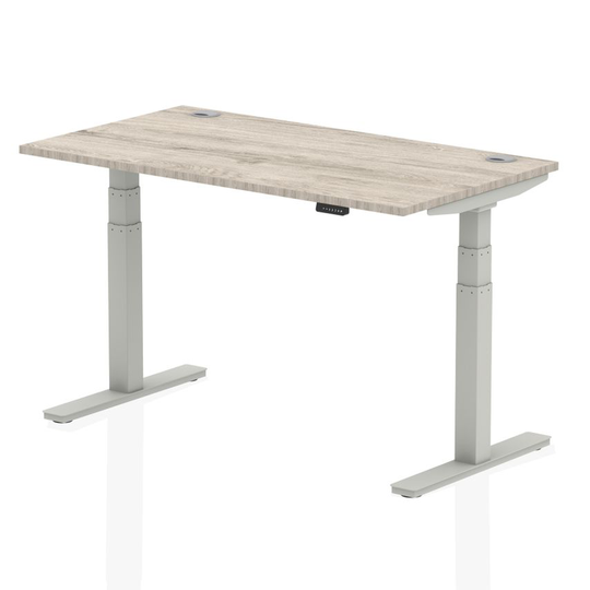 Dynamic Air 1400/800 Grey Oak Height Adjustable Desk with Cable Ports with Silve