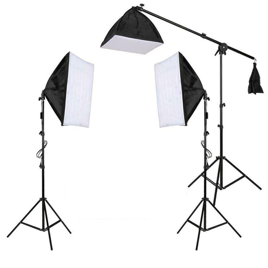 Photography 3PC Softbox Studio Lighting Kit 135W Bulbs and Boom Arm Stand Black