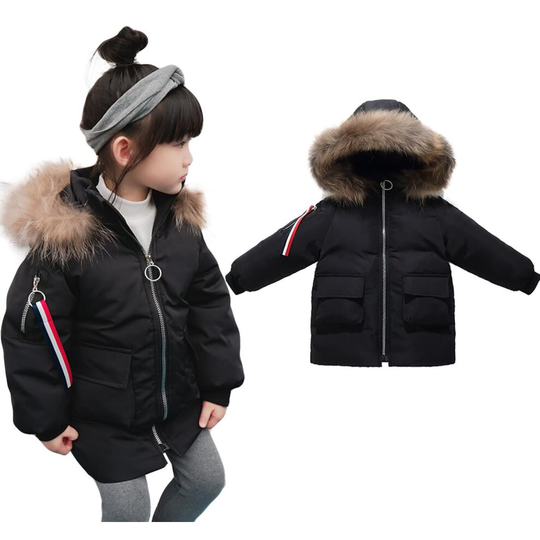 (Black, 130cm / 6-7 Years) Kids Parka Style Unisex Faux Fur Hooded Down Padded Long Winter Coat - Black