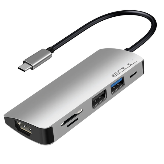 USB C Hub Multiport Adapter, iSOUL 6 in 1 Portable Aluminium Dongle with 4K HDMI Output 2 USB 3.0 Ports SD/Micro SD Card Reader For PC Laptop Desktop