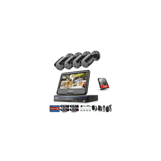 Sannce 4CH 720P HD Security DVR Recorder, 1TB HDD+ 10.1-inch LCD Screen Monitor Build-in, w/ 4 1.0MP Outdoor CCTV Cameras System, Hi-Resolution