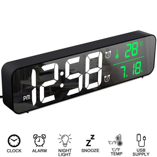 Digital Alarm Clock LED Mirror Display Temperature Date Bedside Clock