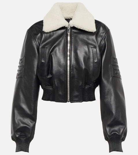 Cropped shearling-trimmed leather jacket