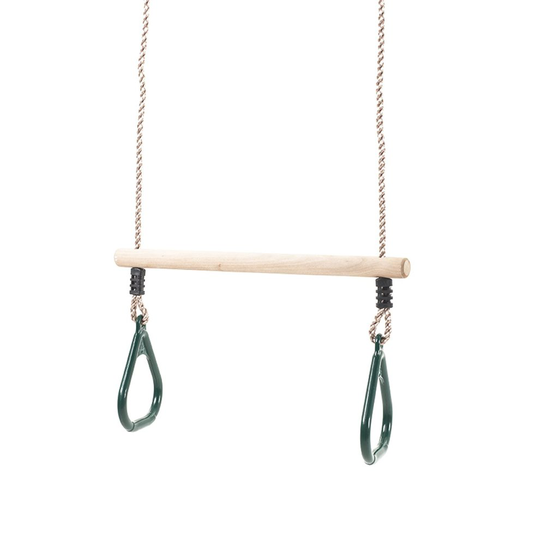 Wooden Trapeze Bar Swing with Green Rings for Climbing Frames and Garden Swings