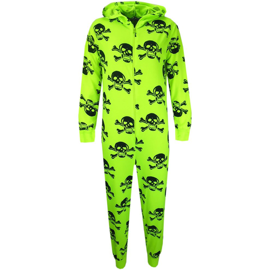 (11-12 Years, Neon Green) Kids Girls Boys Skull & Cross Bone Onesie All In One Halloween Costume 5-13 Yrs