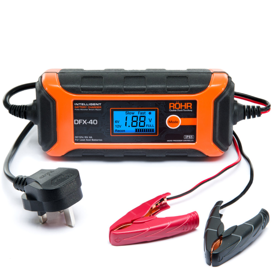 Röhr DFX-40 Smart Car Battery Charger AGM / GEL / WET Repair 4 Amp 6v / 12v | Intelligent Trickle / Turbo Fast Charge