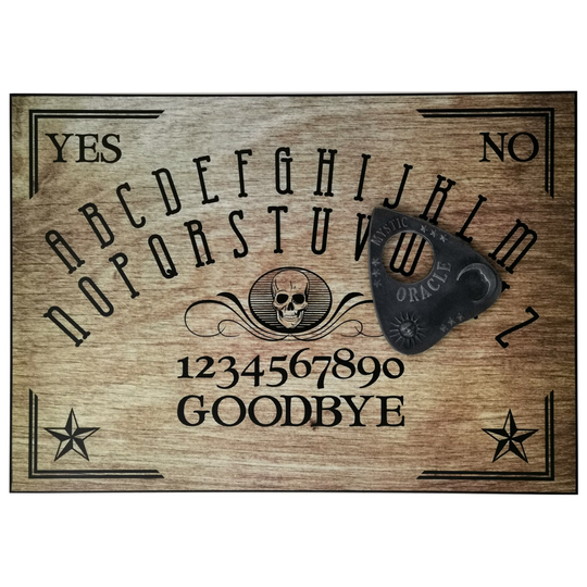A4 Sized Wooden Skull Ouija Board Set Complete with Mystic Oracle Sun, Moon & Stars Planchette