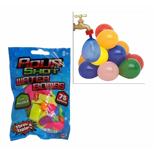 75 Aqua Shot Water Bombs Balloons Throw Explode with Fun Easy Fill Nozzle Kids