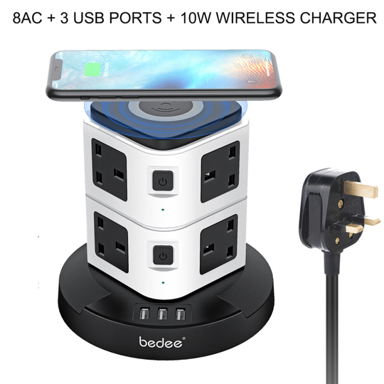 BEDEE Surge Protected Tower Extension Lead Socket 8 Way & 3 USB Ports