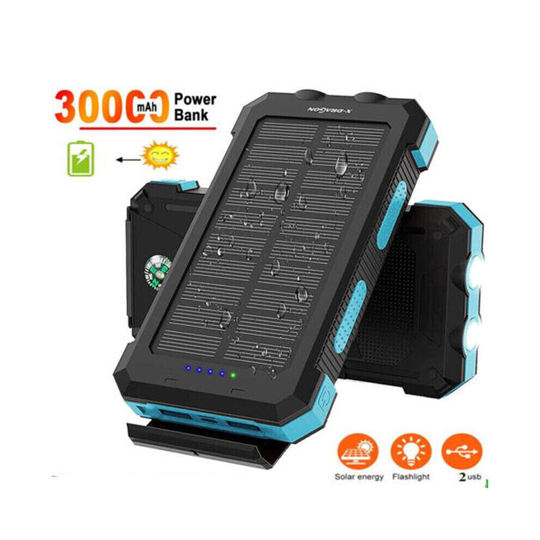 30000mah Power Solar Bank Waterproof 2 USB LED Battery Charger Phone