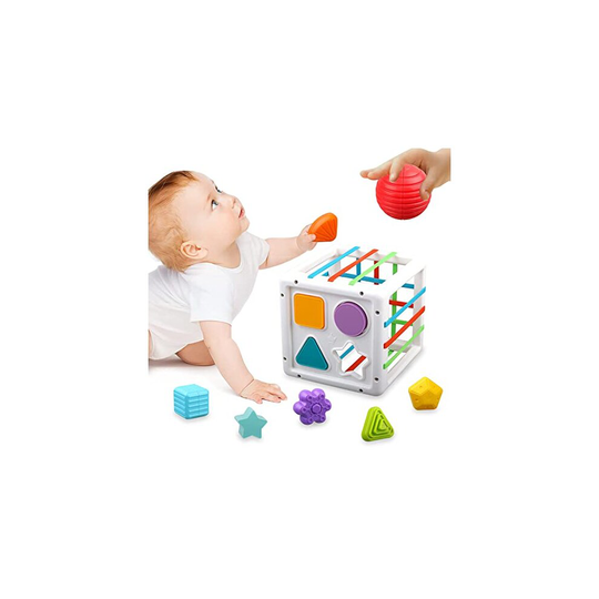 TOPZONE Baby Shape Sorting Toys for 1 Year Old Baby Toy, Baby Sensory Toy with Elastic Bands, Colorful Cube Sensory Bin Fine Motor Skill for Earl