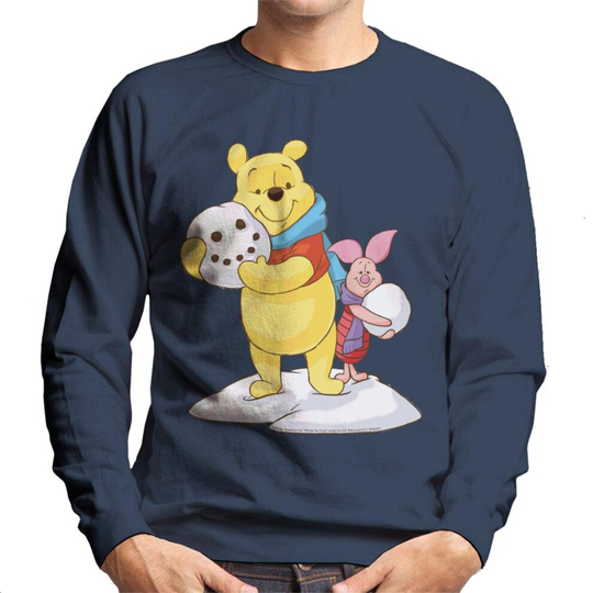 (XL, Navy Blue) Disney Christmas Winnie The Pooh And Piglet Building Snowman Men's Sweatshirt