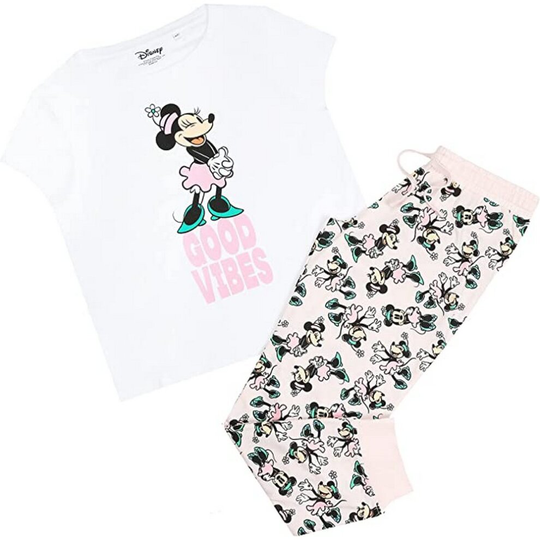 (L, White/Pink/Blue) Disney Womens/Ladies Good Vibes Minnie Mouse Long Pyjama Set