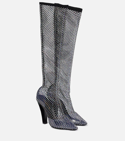 Embellished mesh knee-high boots