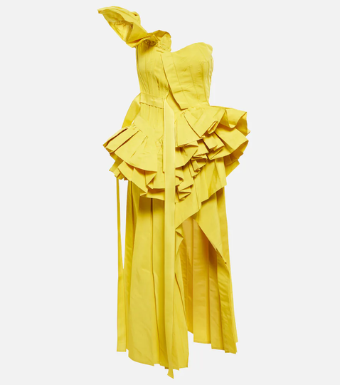 Asymmetric ruffled faille gown