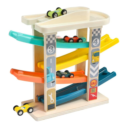 TOP BRIGHT Car Ramp Toy for 1 Year Old Boy Gifts, Wooden Click Clack Race Track for Baby First Birthday Present with 4 Mini Cars