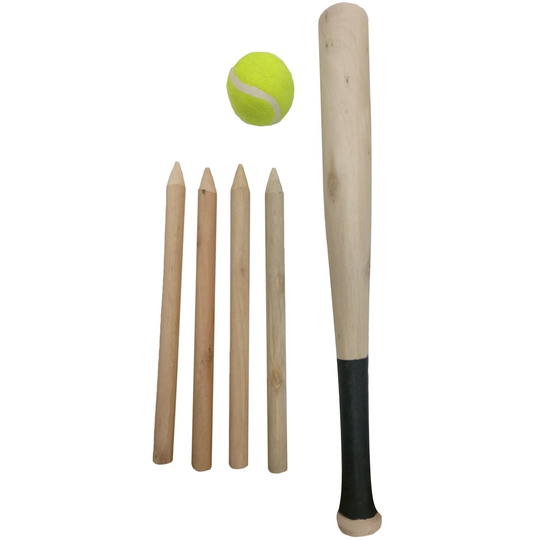 6 Piece Wooden Rounders Bat and Ball Set with Stumps in Mesh Carry Bag