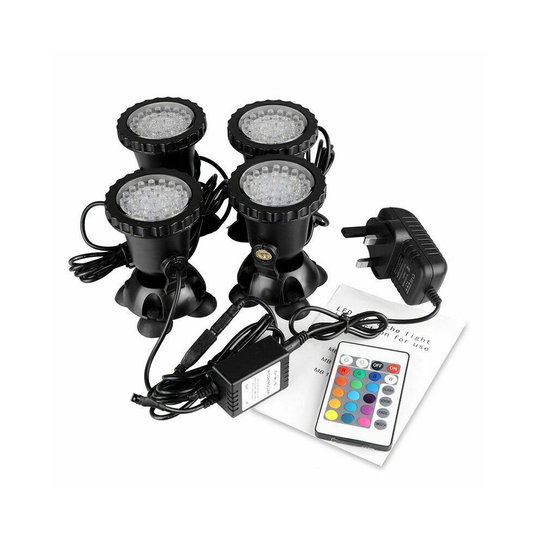 (4 Lights + 1 Remote) LED RGB Garden Pond Spotlight Submersible Light Aquarium Fountain Pool + Remote