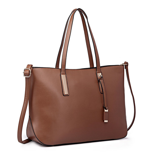 (Brown) Miss Lulu Large Leather Shoulder Handbag Laptop Tote Bag