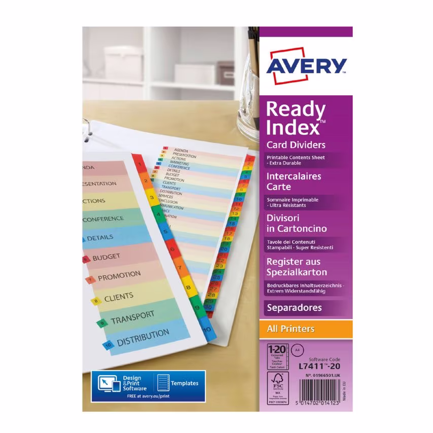 Avery Avery Readyindex Divider 1-20 A4 Punched 190gsm Card White with Coloured M