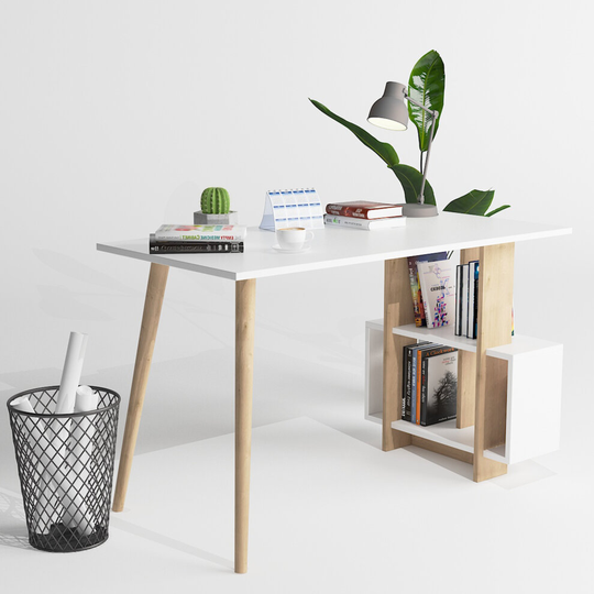 P&W Desk|Home Office Computer Desk with Shelves,Oak&White, 120x60x73cm