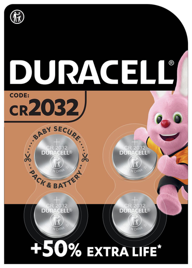 Duracell 2032 Lithium Coin Battery (CR2032) - Pack of 4