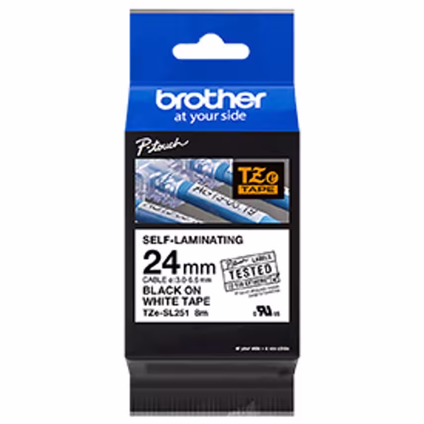 Brother TZESL251 24mm Black on White Self Laminating Tape